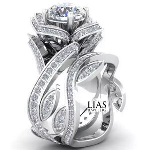 New 18k white gold wedding ring set rose flower